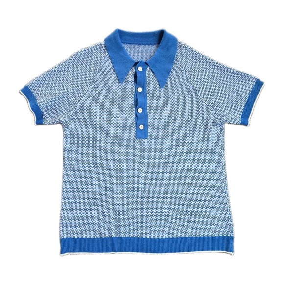 Other - VTG 60 70s Men Mod Knitted Polo Shirt Blue Geometric Pique Fine Gauge Rockabilly